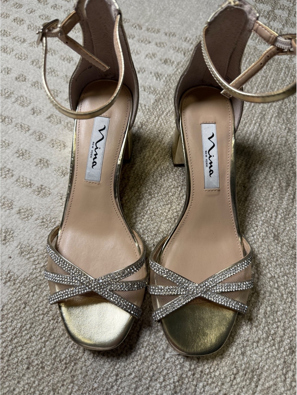 Nina‎ Gold Rhinestone Ankle Strap Block Heel Sandals